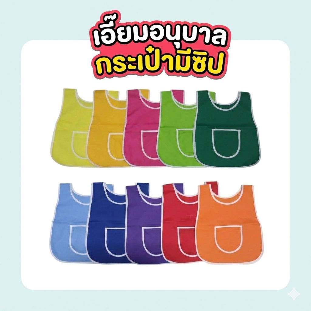 เอี๊ยมอนุบาล เอี๊ยมเด็กเล็ก  * ไม่มีปักชื่อ* ใส่ได้ทั้งเด็กตัวเล็กและเด็กเจ้าเนื้อมี 10 สี กระเป๋าหน้าอก 1 ใบ พร้อมซิป