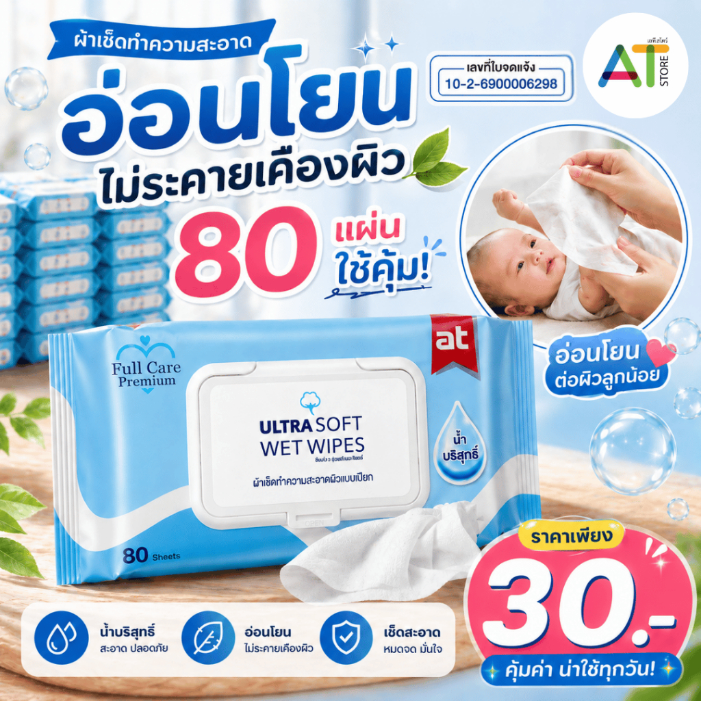 AT.Store ทิชชู่เปียก 80 แผ่น Full Care Premium สูตรอ่อนโยน ฝาปิด ทิชชู่เปียกเด็ก กระดาษทิชชู่เปียก ผ้าเช็ดทำความสะอาด