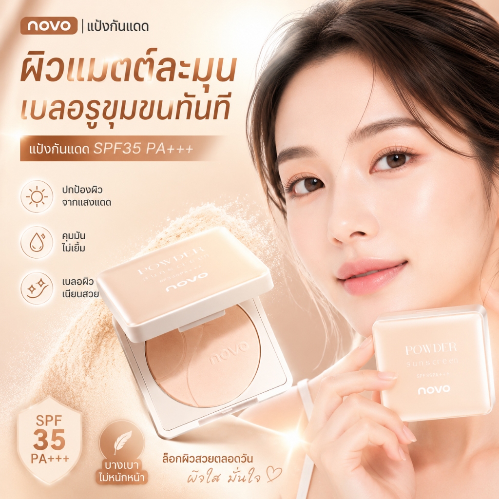NOVO แป้งพัฟคุมมัน แป้งผสมรองพื้น กันน้ำ กันเหงื่อ ติดทนนาน ปกปิดรูขุมขน หน้าเนียน บางเบา ไม่อุดตัน สำหรับผิวมัน ผิวผสม