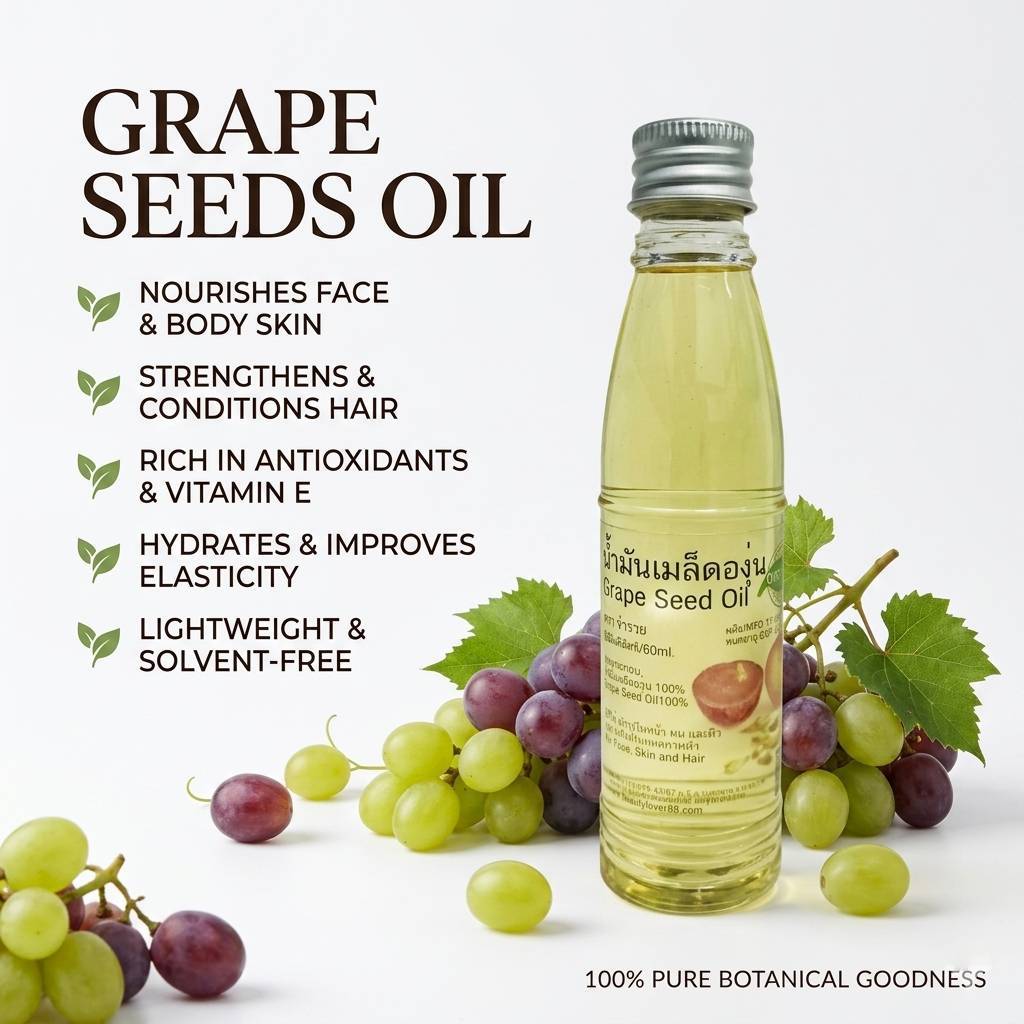 น้ำมันเมล็ดองุ่น ออแกนิกส์ เมล็ดองุ่นออยล์ Grape Seed Oil Organic สำหรับใบหน้า ผม ผิว ปราศจากสารเคมี