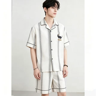 ชุดนอนสไตล์พรีเมียมเสื้อเชิ้ตมีลายพิมพ์ สวมข้างนอกได้ ผ้าไหมอิตาลี สบายผิว ระบายอากาศ ไม่อึดอัด ดูหรูหรา