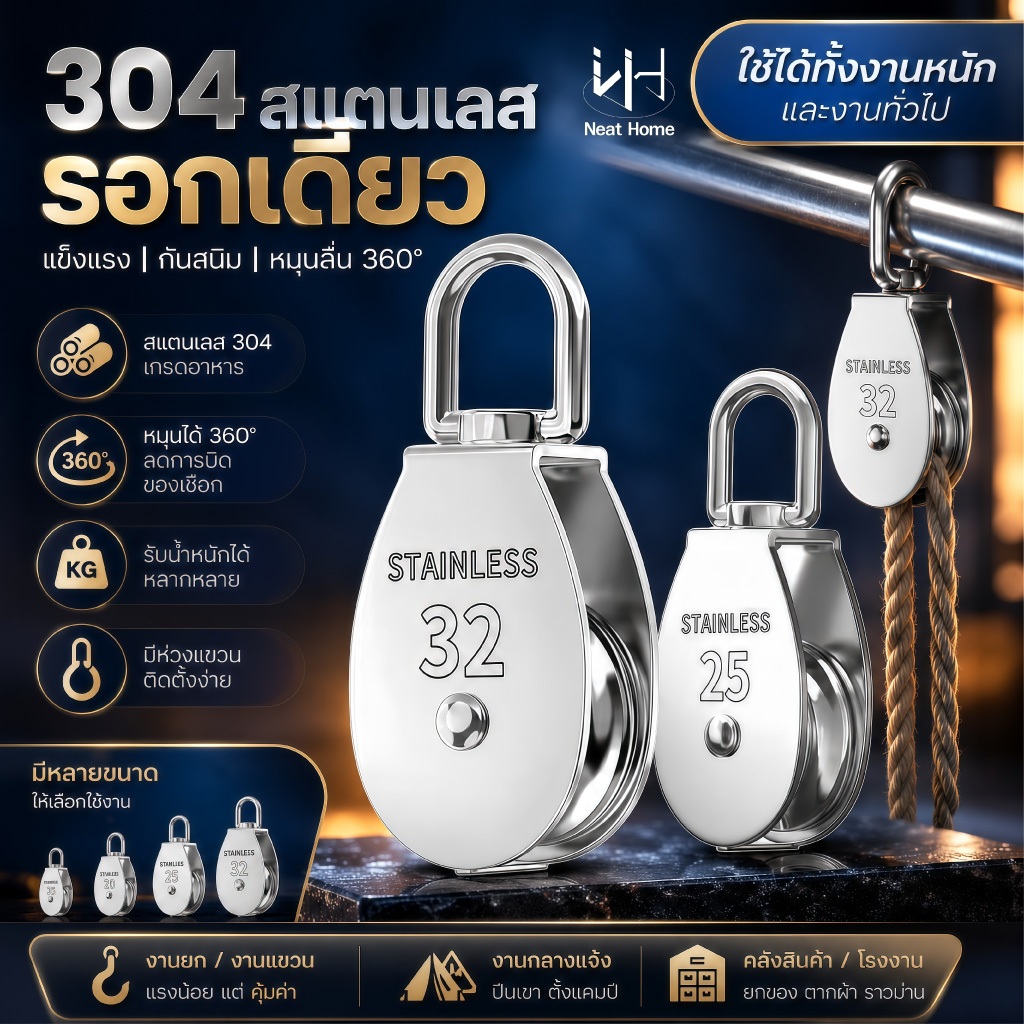 ส่งเร็วจากไทย! รอกเชือก รอกสแตนเลส304 หัวรอกล้อหมุน รอกคู่ รอกเดี่ยวM15 M20 M25 M32รอกยึดรูปตัว U ชุดตะขอสปริง