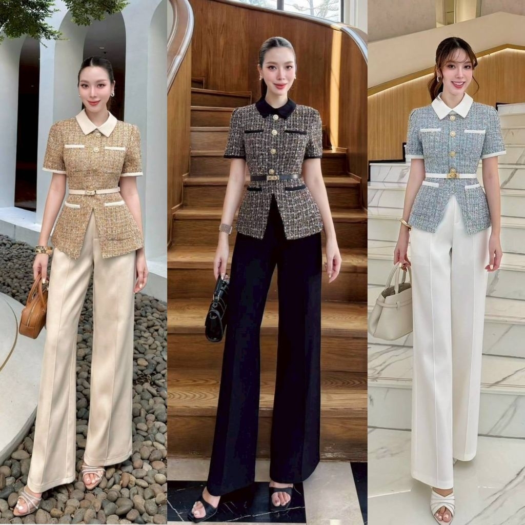La la belle เซต3ชิ้นรุ่นนี้สวยมากนำเสนอสุดๆเสื้อผ้าทวิตคอปกแขนสั้น ใส่คู่กับกางเกงผ้าสูทตีเกล็ดหน้า