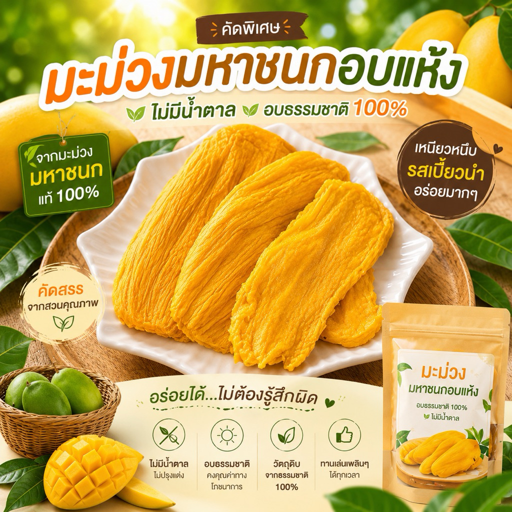 มะม่วงมหาชนกอบแห้ง ไม่มีน้ำตาล กก.ละ 350 บาท