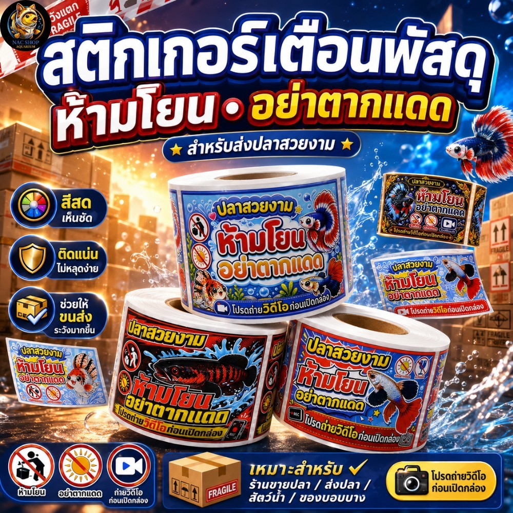 NAC สติกเกอร์"ห้ามโยน อย่าตากแดด" ม้วน 100ดวง/500ดวง เหมาะสำหรับติดหน้ากล้อง ช่วยให้ปลาของคุณปลอดภัยมากขึ้น