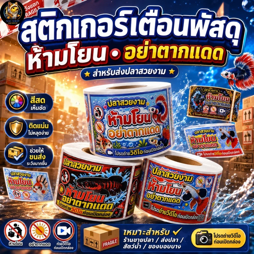 NAC สติกเกอร์"ห้ามโยน อย่าตากแดด" ม้วน 100ดวง/500ดวง เหมาะสำหรับติดหน้ากล้อง ช่วยให้ปลาของคุณปลอดภัยมากขึ้น