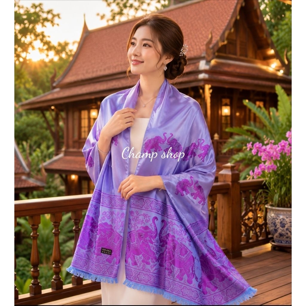 ผ้าพันคอ ผ้าคลุมไหล่ ผ้าแพร ลายช้างไทย เนื้อผ้าลื่นๆทิ้งตัว เป็นของขวัญ ของฝาก