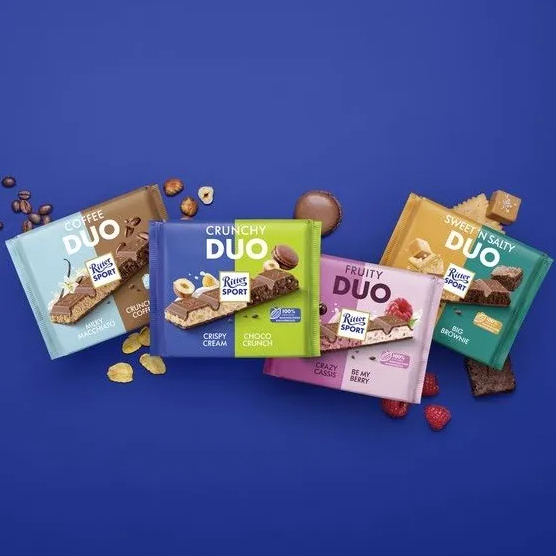 Ritter Sport Chocolate Bar DUO ช็อกโกแลตบาร์ใหญ่มีไส้แบบดูโอ ขนาด 218 กรัม มี 4 รส สินค้าจากเยอรมัน