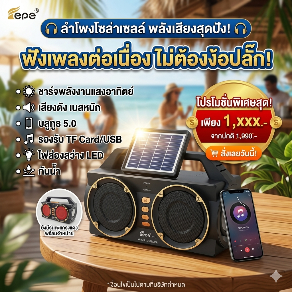 "ล่าสุด"ลำโพงบลูทูธโซล่าร์เซลล์ เสียงดี เบสแน่น USB/TF รูปที่ 2