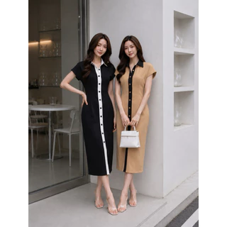 304 เดรสคอปกแขนล้ำแต่งกระดุมปั้มตัดสี 2Tone (ผ้าเทพ REEYA)