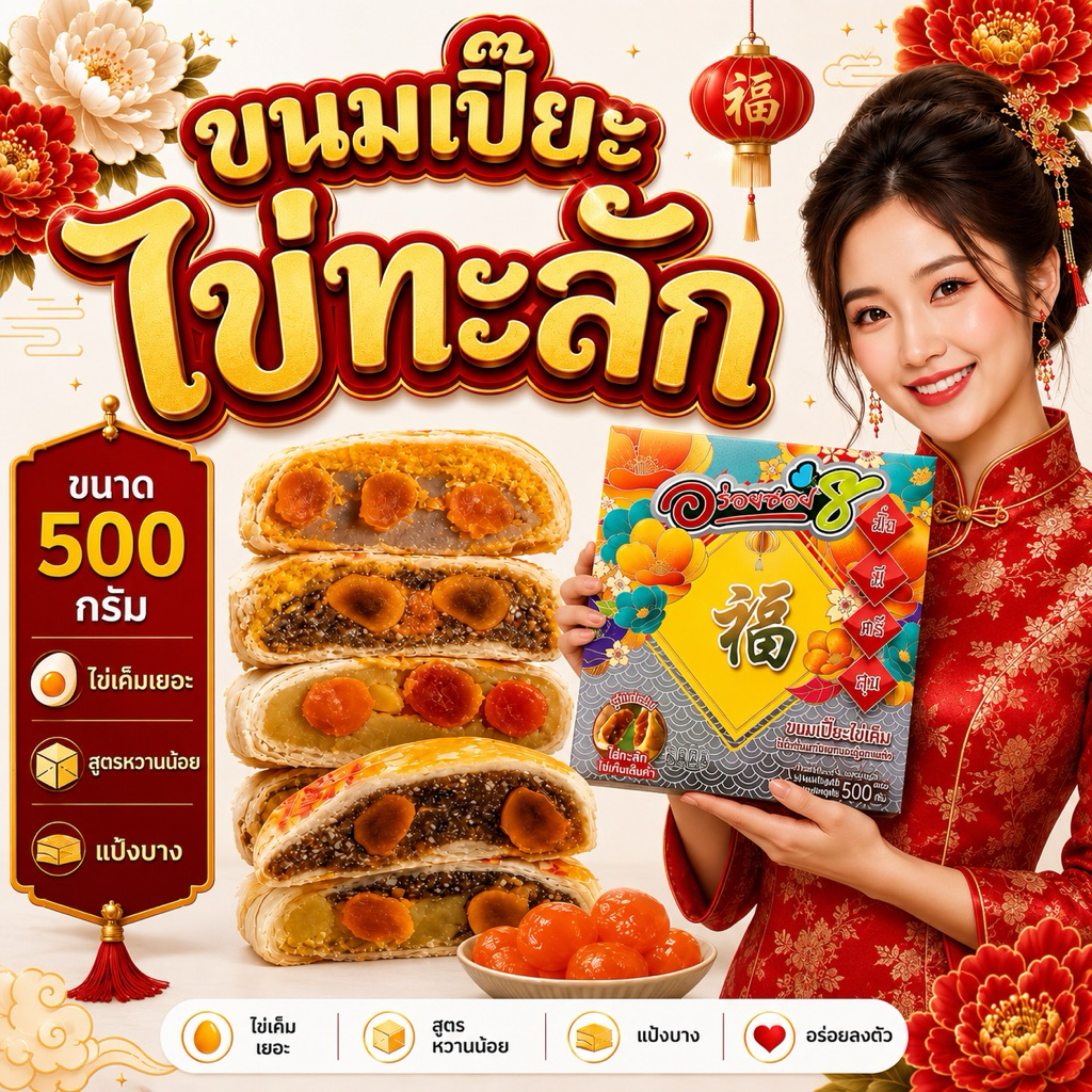 [ส่งไว] อร่อย ซอย 8 รุ่นไข่ทะลัก เปี๊ยะนำโชค สูตรแป้งบางหวานน้อย ไข่ 5 ฟอง ขนาด 500 กรัม