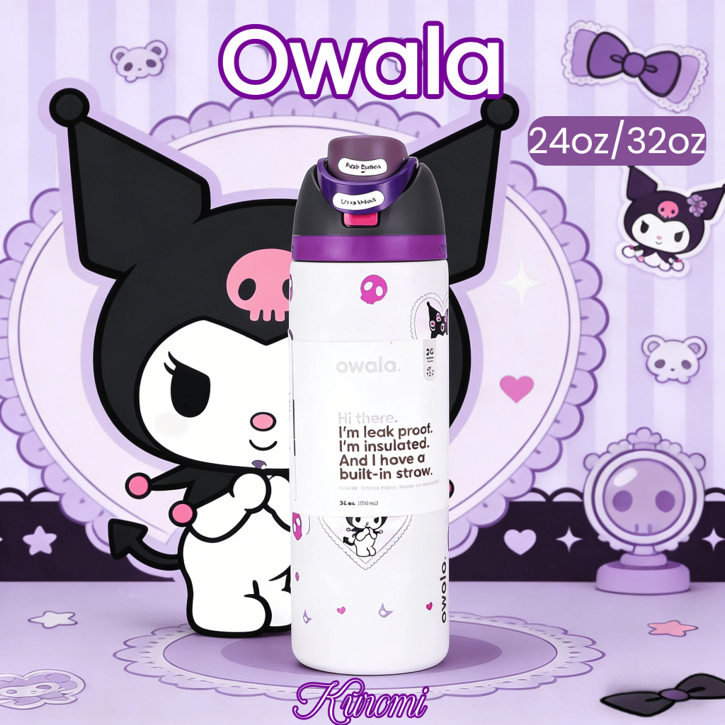 Owala FreeSip Kuromi 24/32oz – ขวดน้ำสแตนเลส 304 ฉนวนสุญญากาศ ดื่มได้ 2 วิธี กันรั่ว ทนทั้งร้อนและเย็น