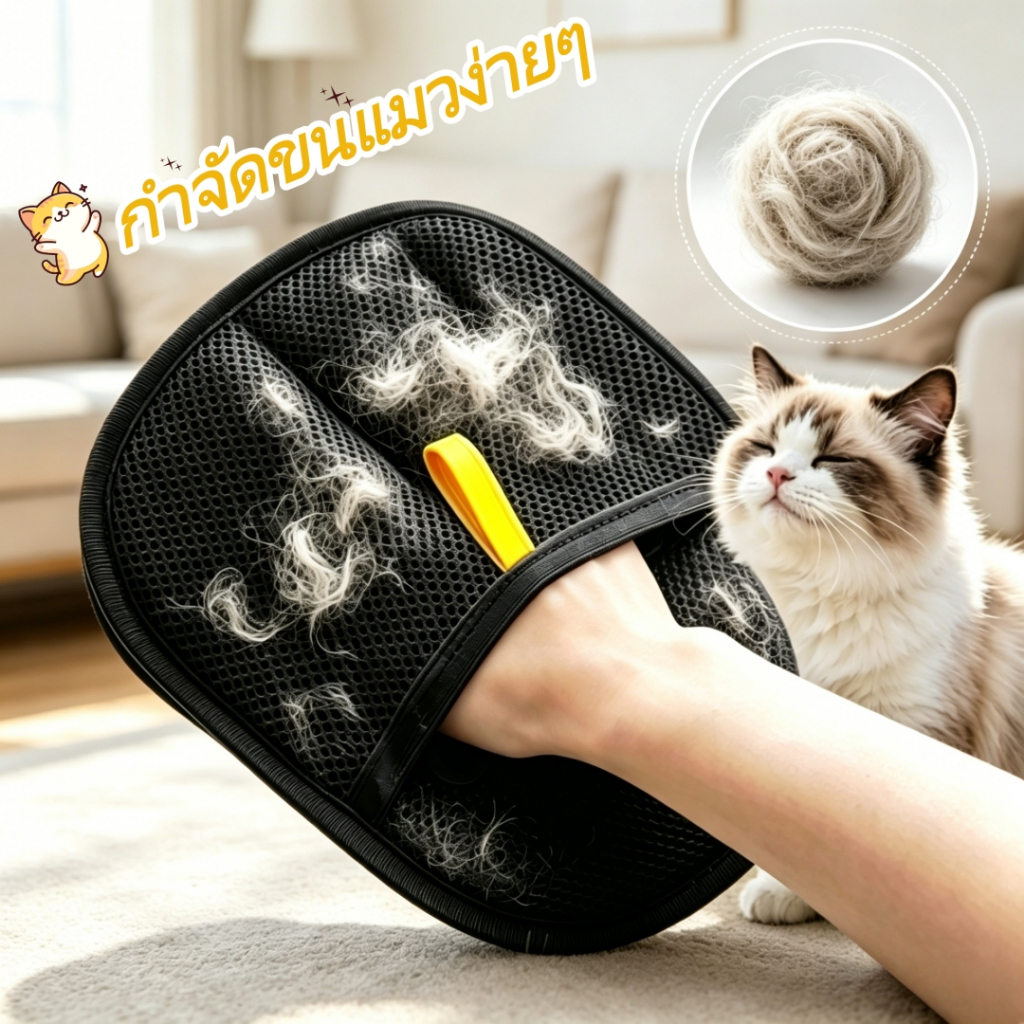 ถุงมือหวีขนสัตว์เลี้ยง ถุงมือเก็บขนแมวและสุนัข ป้องกันขนกระจาย ให้สัตว์รู้สึกสบาย ใช้งานง่าย และทำความสะอาดสะดวก