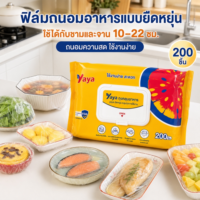 ถุงคลุมอาหาร 200 ชิ้น/แพ็ก ยืดหยุ่นสูง ใช้งานง่าย ฝาครอบอาหารกันฝุ่น ถุงคลุมจาน ชาม ถ้วย ถุงถนอมอาหาร โปร่งใส