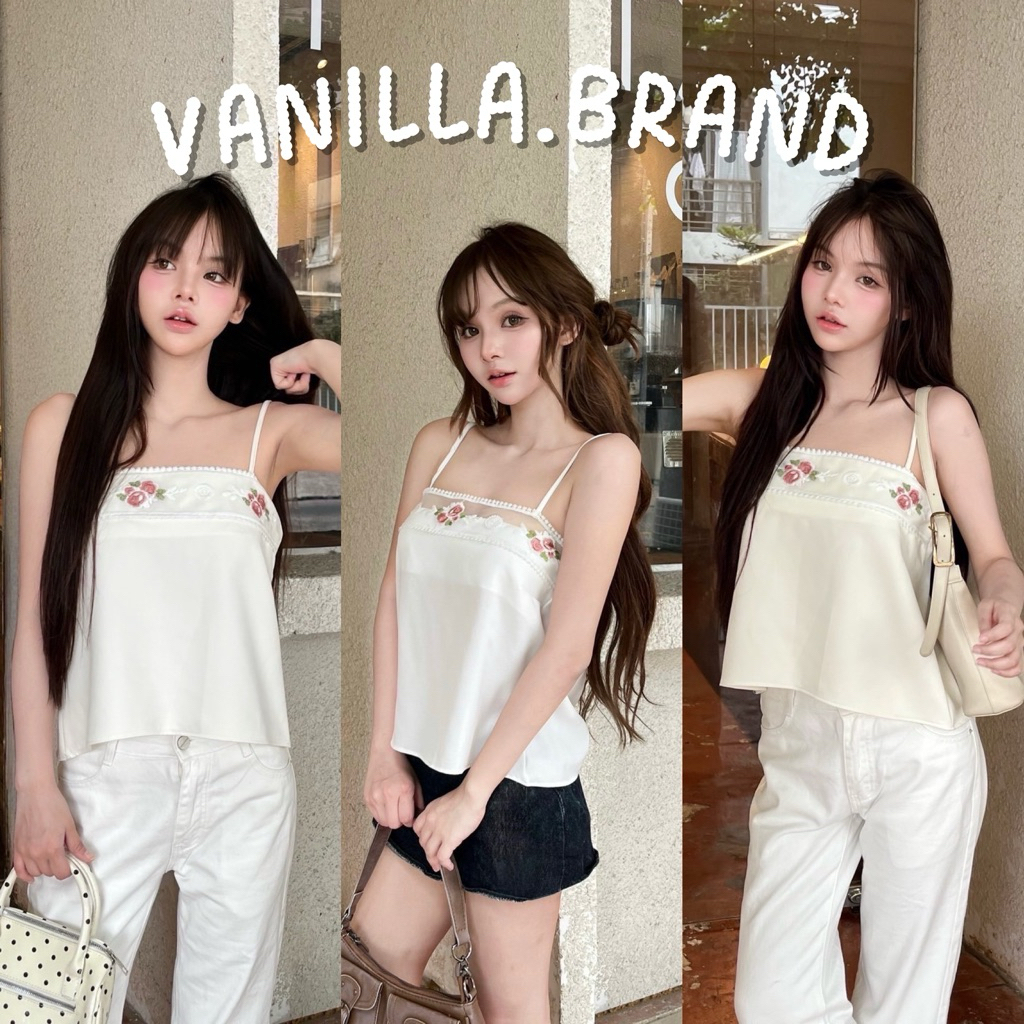 เสื้อครอปสายเดี่ยว ผ้าปักลูกไม้ -nu / VB0669