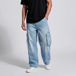 DAVIE JONES [BE FEARLESS] กางเกงยีนส์ Baggy Fit Jeans สีน้ำเงินอ่อน กรม BG0001