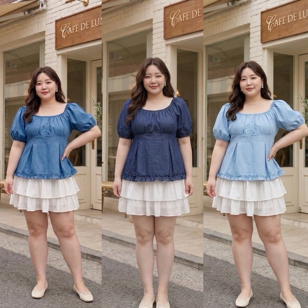 BN480.เสื้อคอยูสาวอวบ  แต่งจีบอกใส่เปิดไหล่ได้เนื้อผ้ายเทียม อก50"