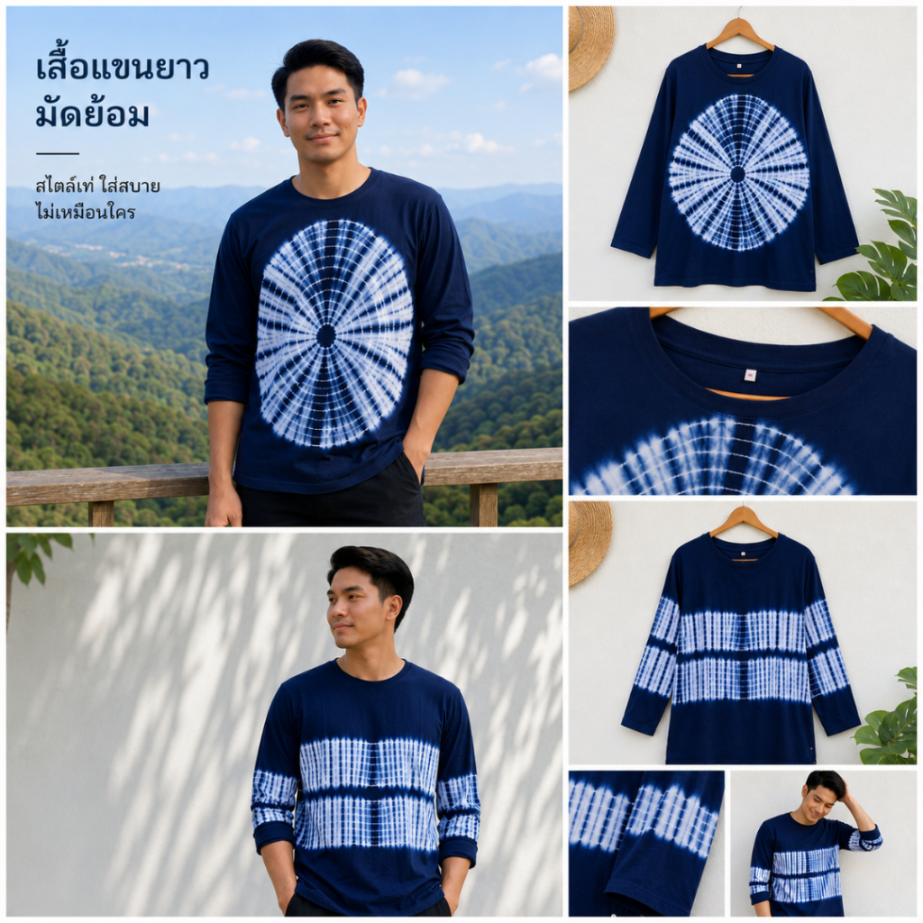 เสื้อมัดย้อม แขนยาว ผู้ชาย ผ้าสปันแท้ ทรงโอเวอร์ไซส์ (Oversize) อก 42-50 นิ้ว เสื้อไปทะเล