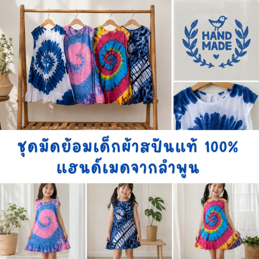 ชุดเดรสเด็กน่ารัก ชุดมัดย้อมเด็ก  ผ้าสปันนิ่ม ใส่สบาย ลายก้นหอย