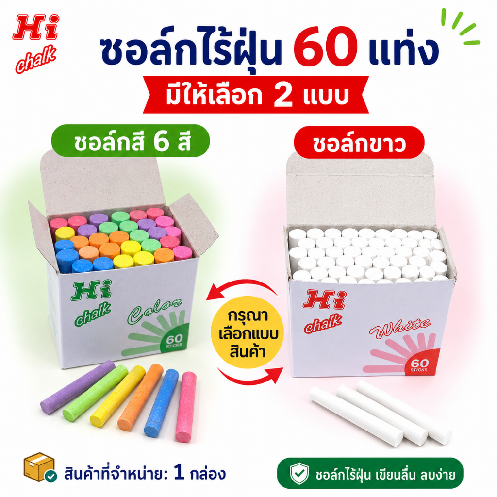 ชอล์กไร้ฝุ่น Hi Chalk 60 แท่ง/กล่อง ชอล์กขาว ชอล์กสี 6 สี สำหรับกระดานดำ 1 กล่อง