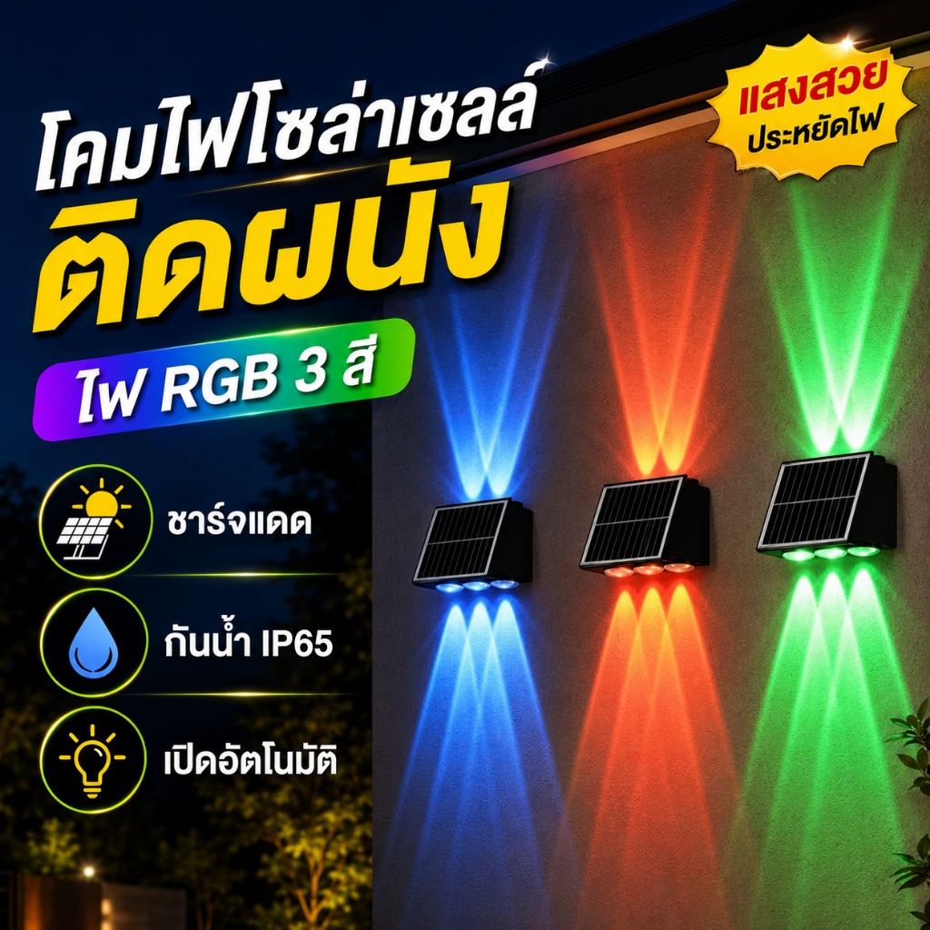 MeeDa【รับประกัน30ปี】โคมไฟติดผนังโซล่า RGB6/8/10LED สลับ3โหมด+ไดนามิก กันน้ำกลางแจ้ง ตกแต่งสวน ทางเดิน อาคารกลางแจ
