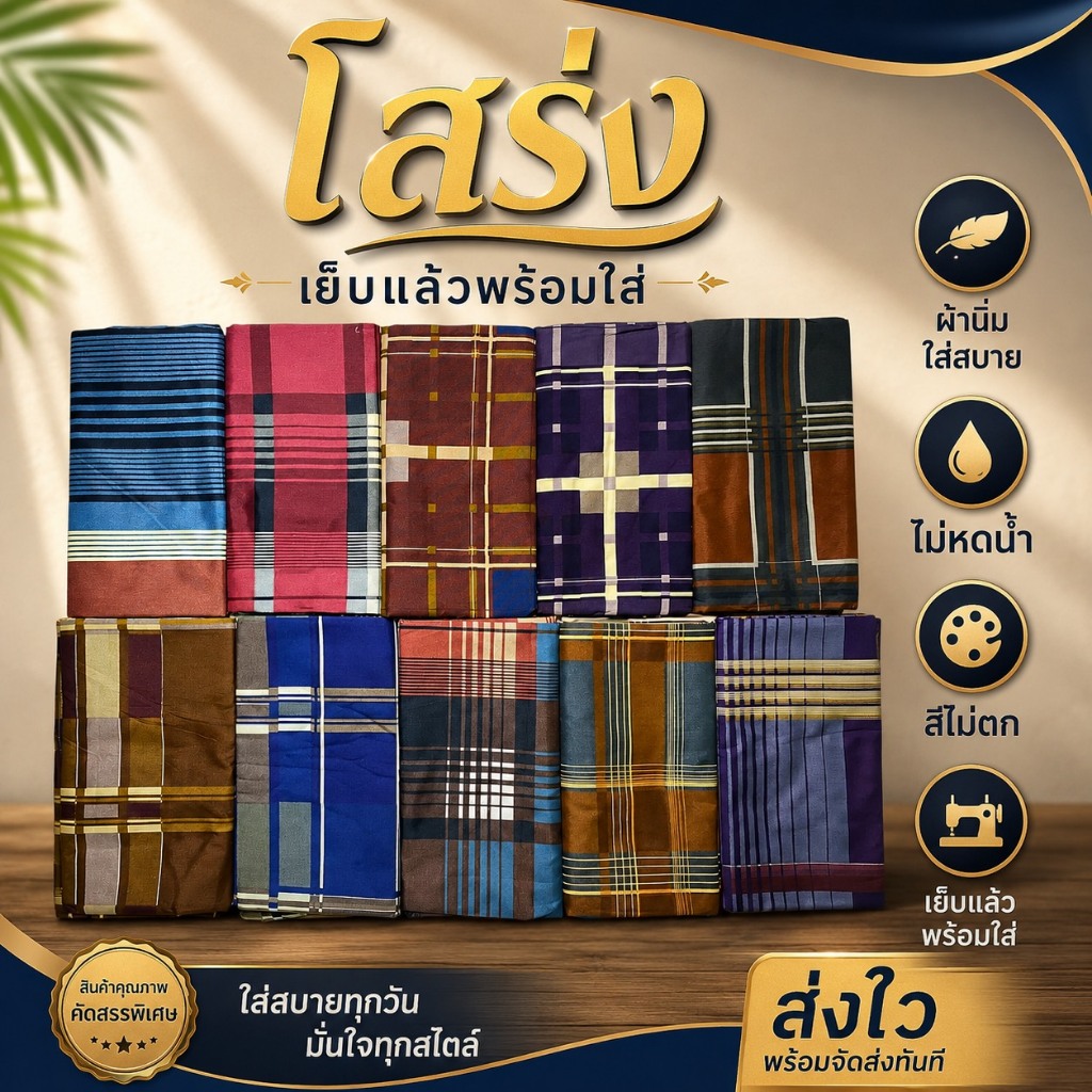 โสร่งผู้ชาย ผ้าคอตตอน ไม่ลื่น ไม่มัน กว้าง 2 เมตร เย็บเรียบร้อย ผ้าถุง  (W02)