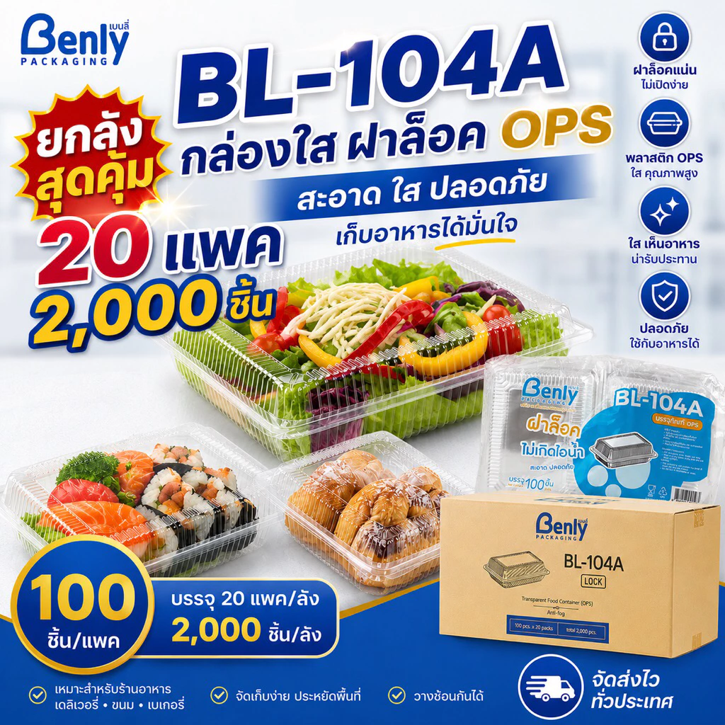 ยกลัง 2000 แพค กล่องใส่อาหาร Benly 104A ฝาล็อคแน่นสนิท