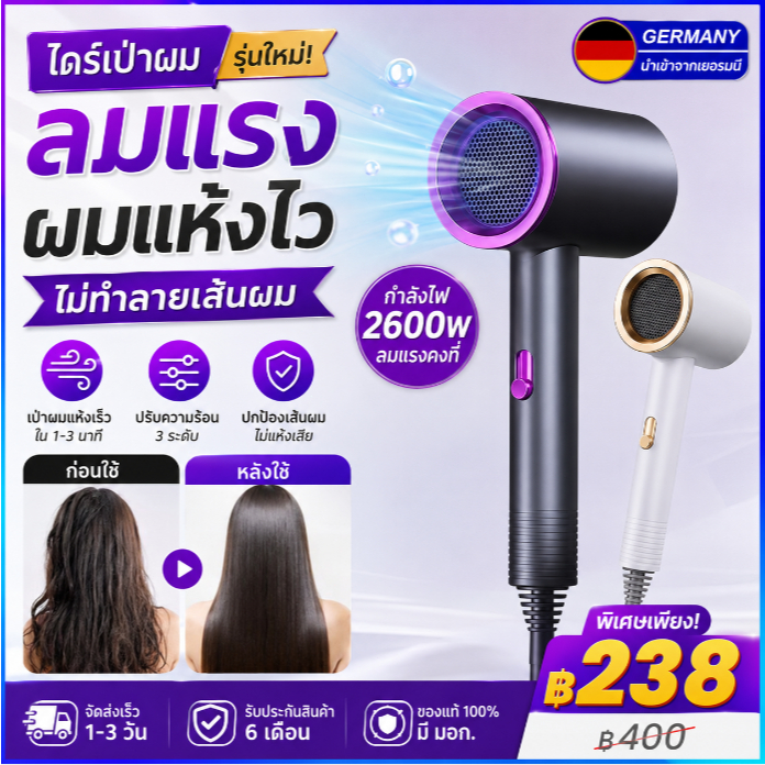 ไดร์เป่าผมระบบไอออนลบ ระดับร้านทำผม ควบคุมอุณหภูมิคงที่ รักษาความชุ่มชื้นให้เส้นผม แก้ปัญหาผมแห้งและพันกัน ไดร์เป่าผม
