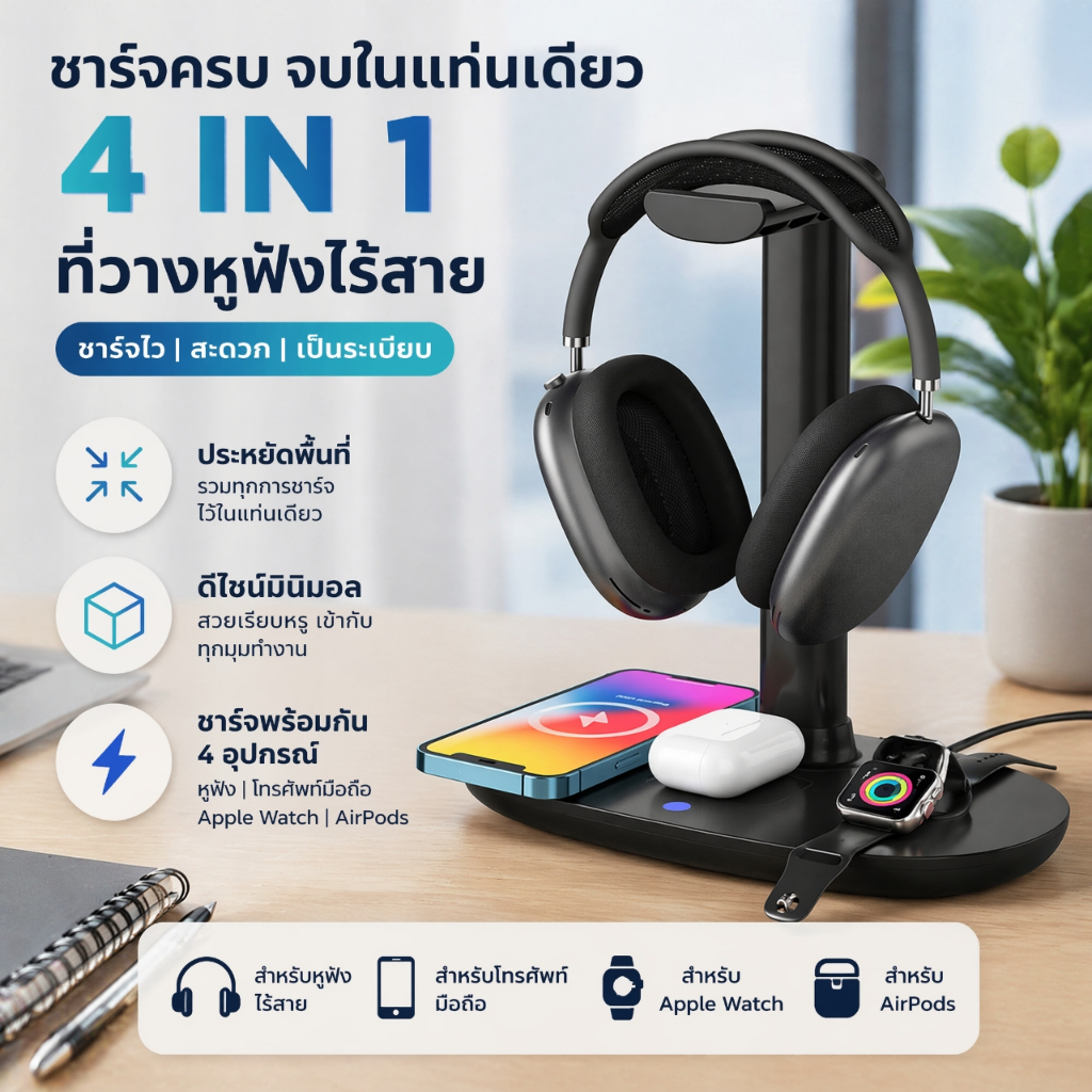 JQTH แท่นวางหูฟัง, แท่นวางหูฟังอเนกประสงค์, ที่ชาร์จไร้สาย, ที่ชาร์จแม่เหล็ก, แท่นวางชาร์จไร้สายแบบแม่เหล็ก 4-in-1