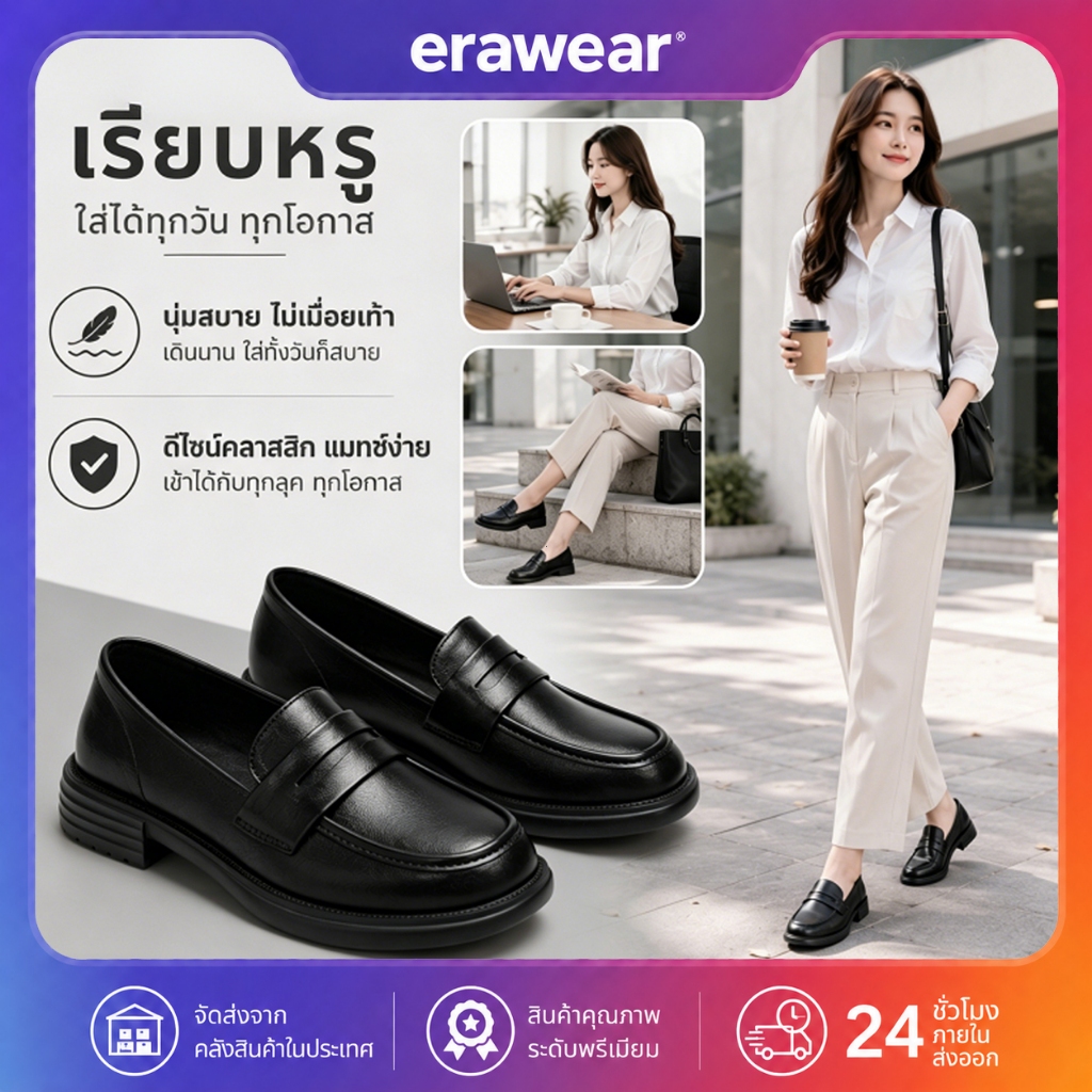 Erawear รองเท้าคัทชูผู้หญิง รุ่นคลาสสิกสีดำ นุ่มสบาย ไม่เมื่อยเท้า เหมาะกับทุกโอกาส ทำงาน เรียน หรือแฟชั่นแบบเข้ากับทุกช