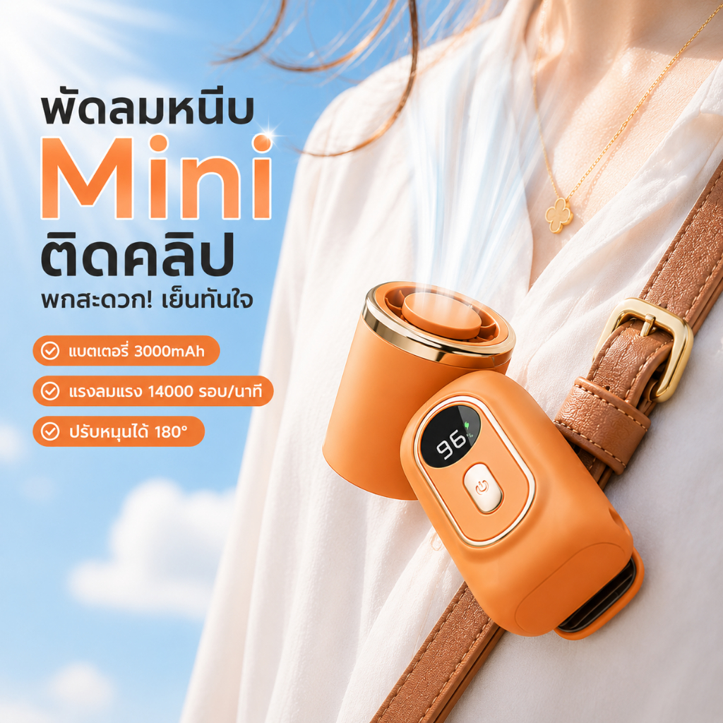 【2569ใหม่】พัดลมหนีบ พัดลมพกพา พัดลมคาดเอว พัดลมติดหมวก พัดลมติดร่ม Mini Fan USB 3000mAh ลมแรง ปรับได้5ระดับ หมุน180°