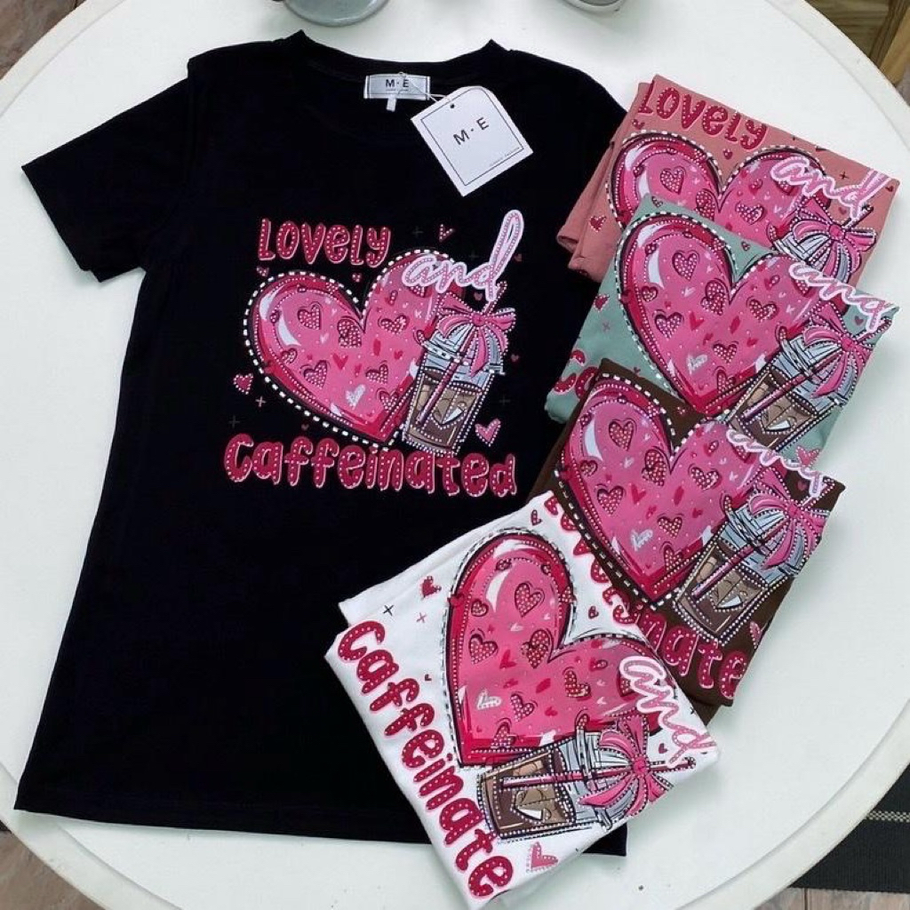 เสื้อยืดป้ายME ลายหัวใจแก้วน้ำชมพู