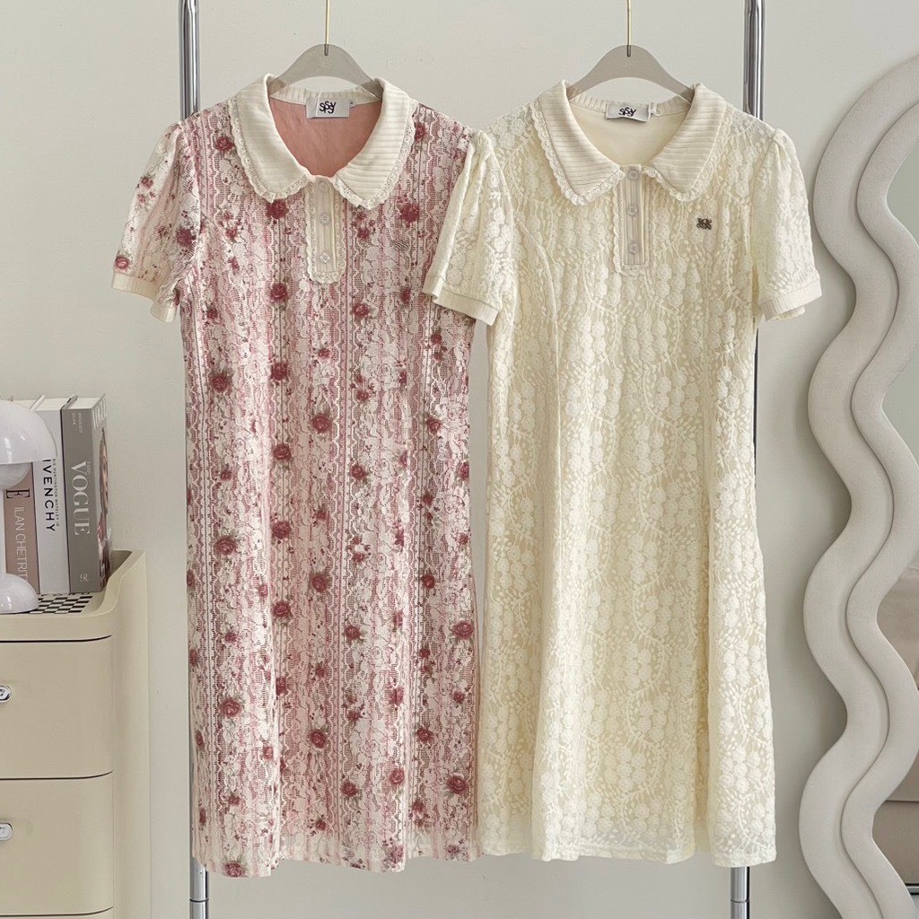 SISSY : เดรสโปโลคอบัว (S-3XL) ผ้าลูกไม้ มีซับในทั้งตัว แต่งลายเส้น พรางหุ่นได้ดี