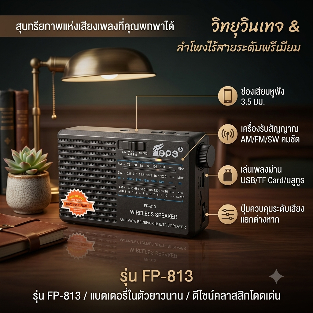 "พร้อมส่ง" วิทยุ/ลำโพงบลูทูธ MP3 (FP-813) ขนาดพกพาสุดคุ้ม!! พกพาสะดวก แถมฟรี สายชาร์จ