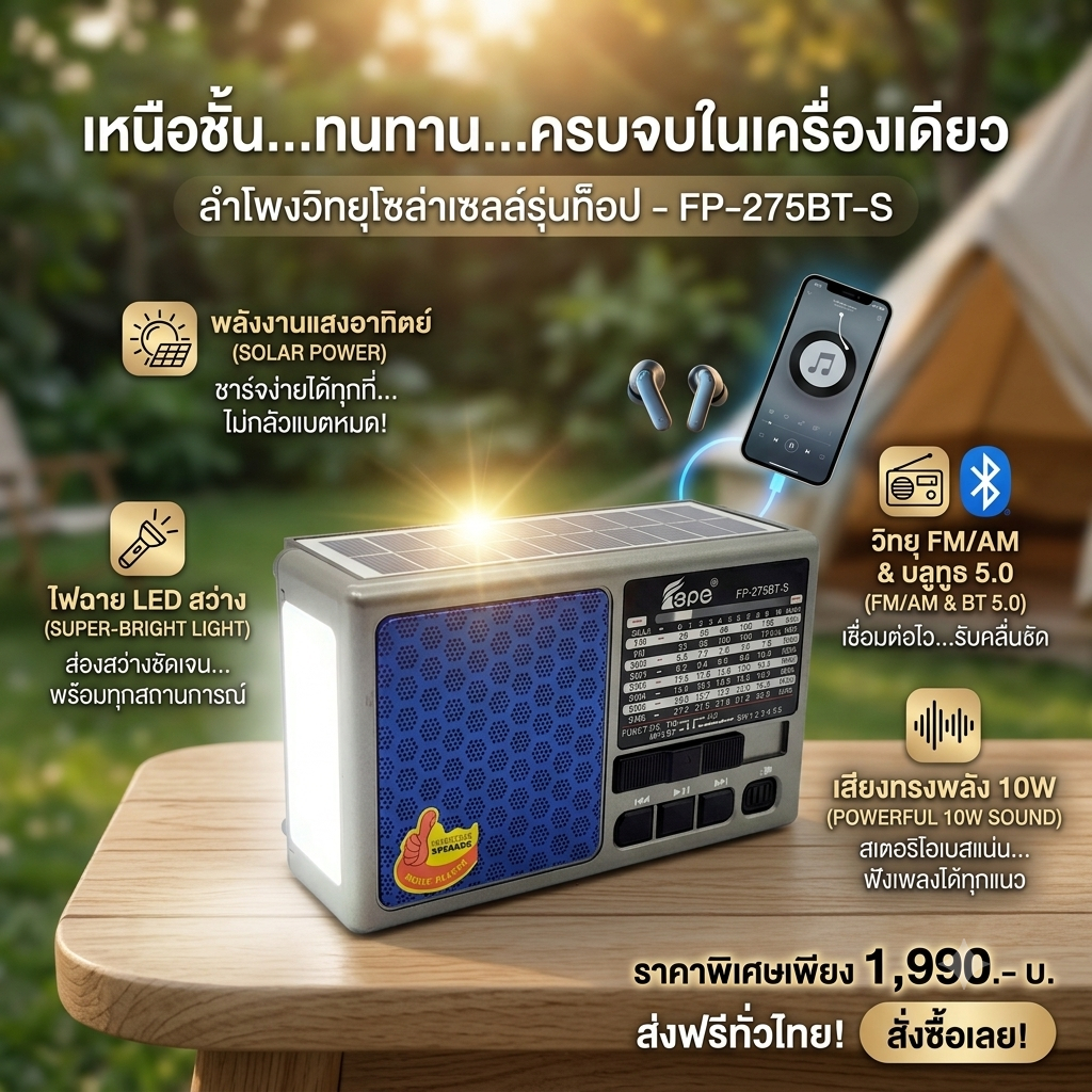 วิทยุFM-โซล่าเซลล์ FP-275BT-S ไฟฉาย LED แบตเตอรี่ลิเธียม แถมฟรีสายชาจ