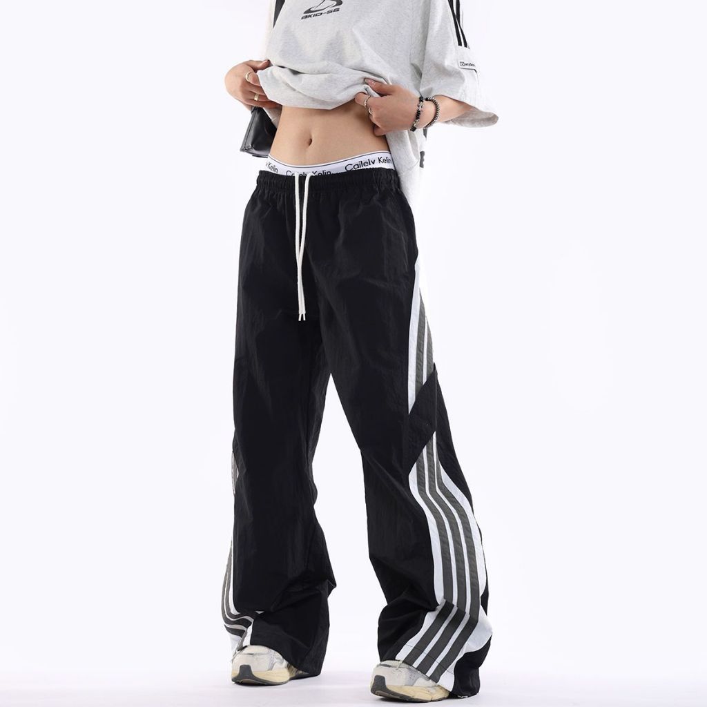 กางเกงขายาวผู้หญิง เอวสูง ลายแถบด้านข้าง Oversize Y2K Streetwear Korean Fashion ทรงหลวม ขายาว