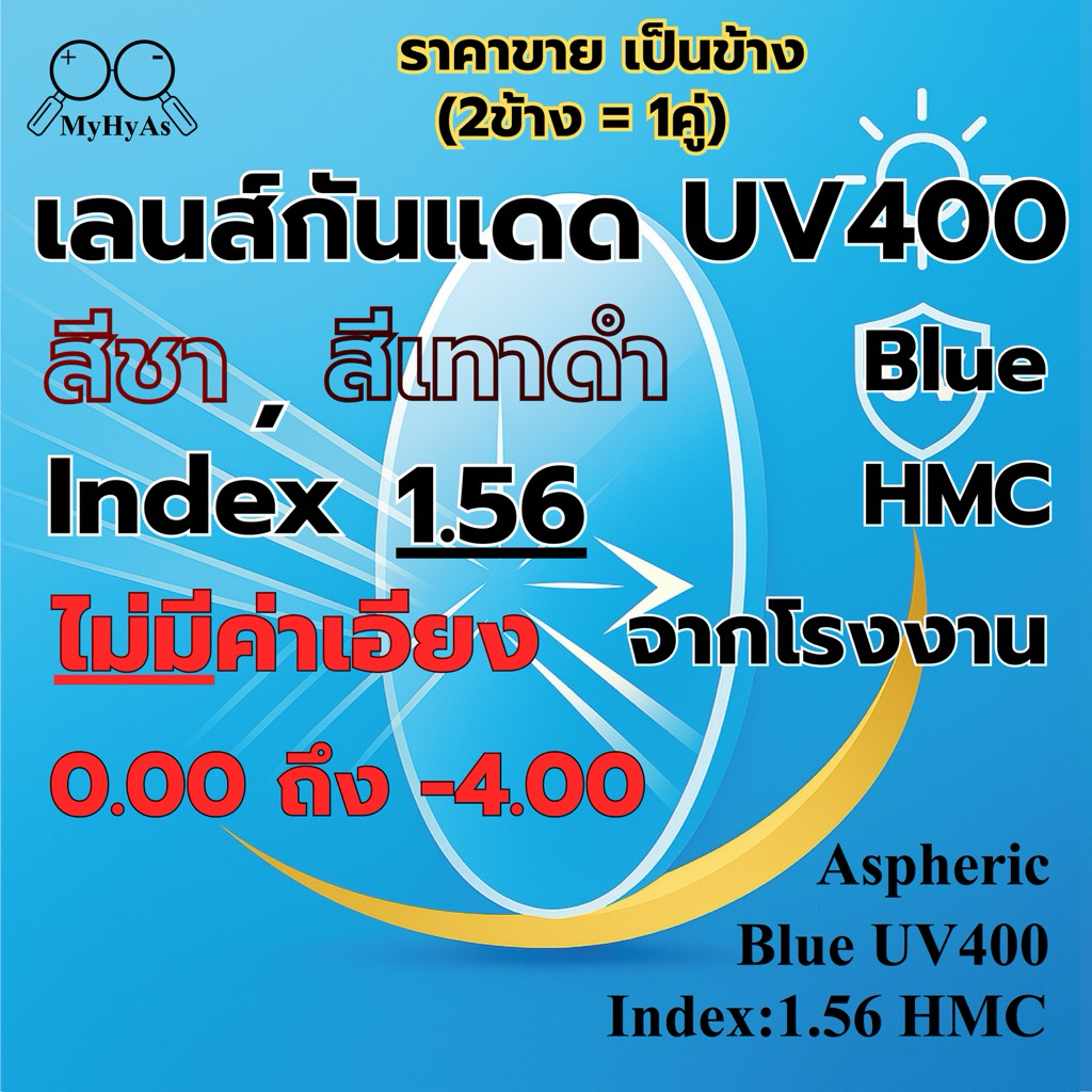 เลนส์ แว่นตากันแดด บลู UV400 สีชา สีเทาดำ สำรับตัดแว่น สายตาสั้น รุ่นไม่มีค่าเอียง index1.56 HMC AsphericBlueUV400 75mm.