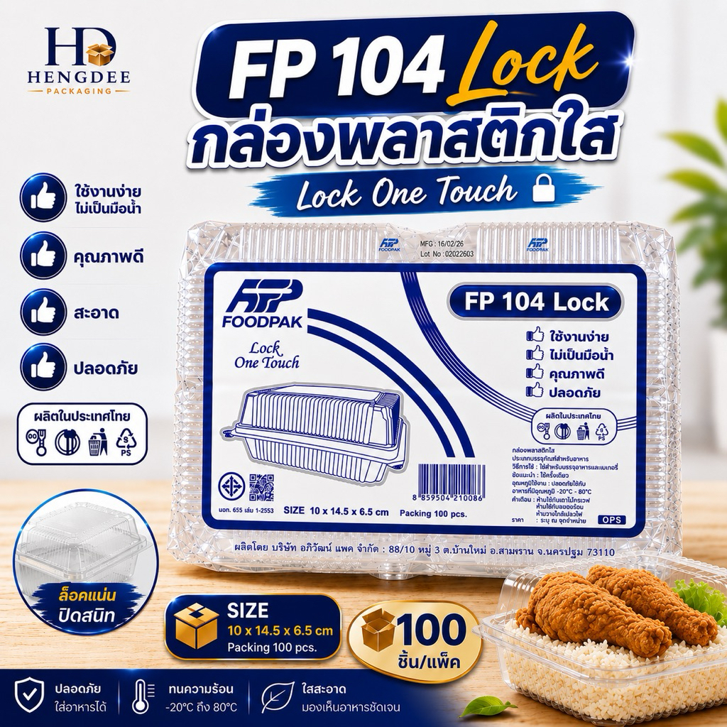 กล่องใส่อาหาร Foodpak FP 104 Lock ฝาล็อค OPS กล่องข้าว เบเกอรี่ ขนม 100 ชิ้น/แพ็ค