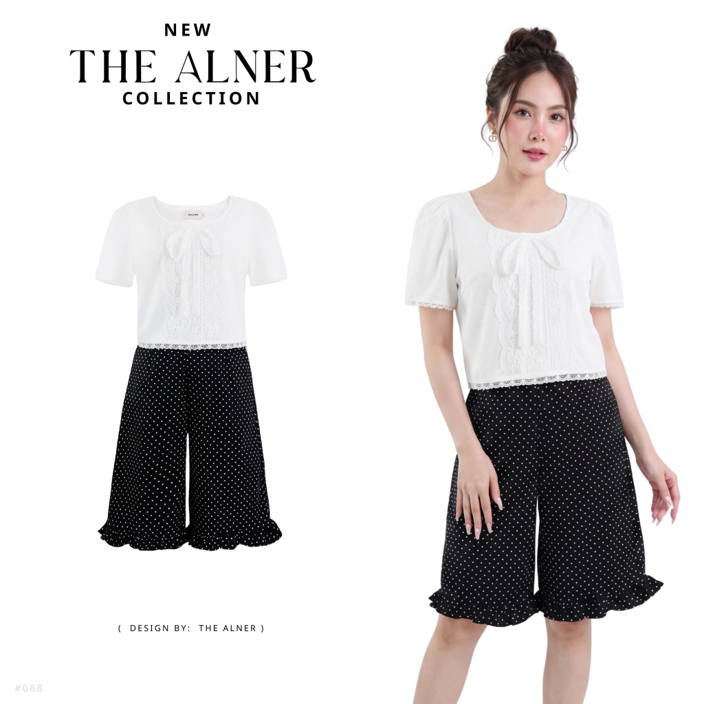Thealner- AN068 (เซตเสื้อขาวแขนสั้นกางเกงดำลายจุด)