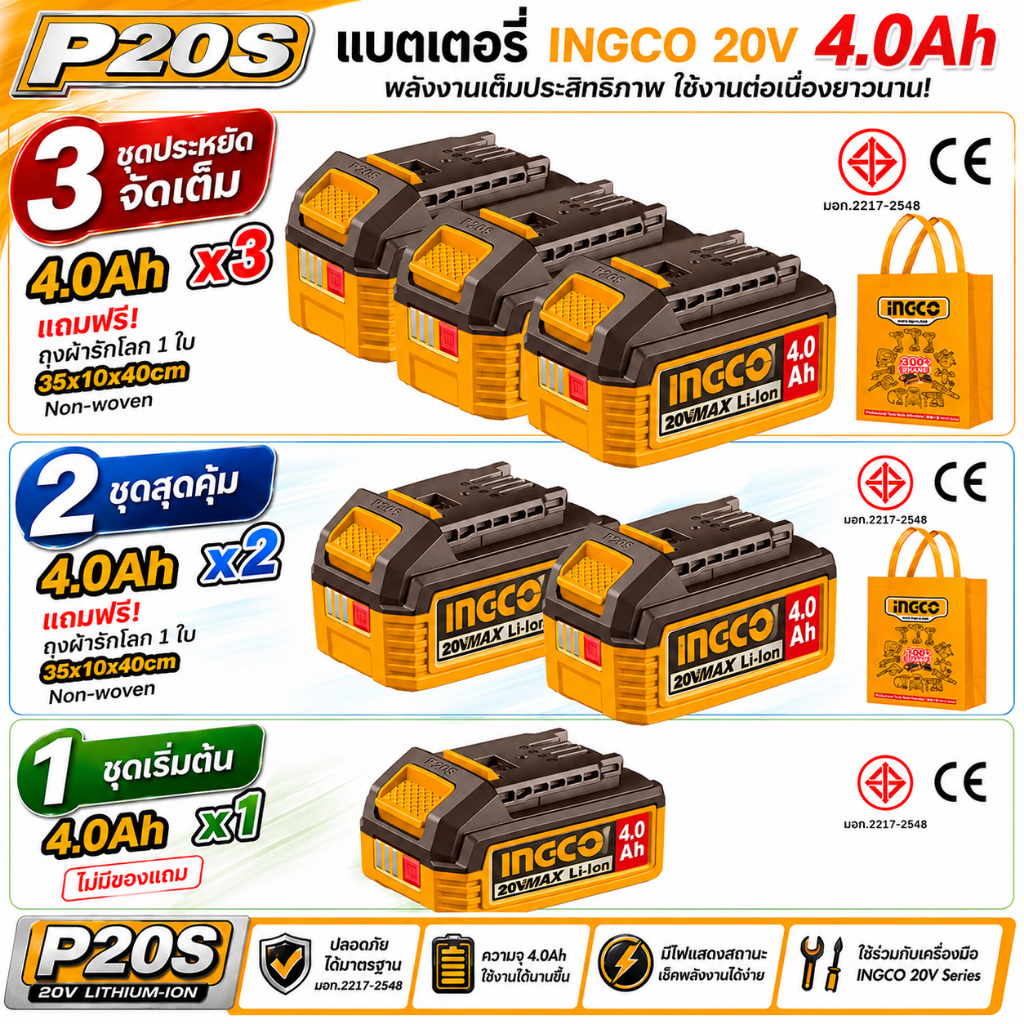 INGCO แบตเตอรี่ลิเทียมไอออน 20V ความจุ 4.0Ah รุ่น FBLI2002 (มีตัวเลือก 1 / 2 / 3 ก้อน) (ของแท้ 100% รองรับระบบ P20S)