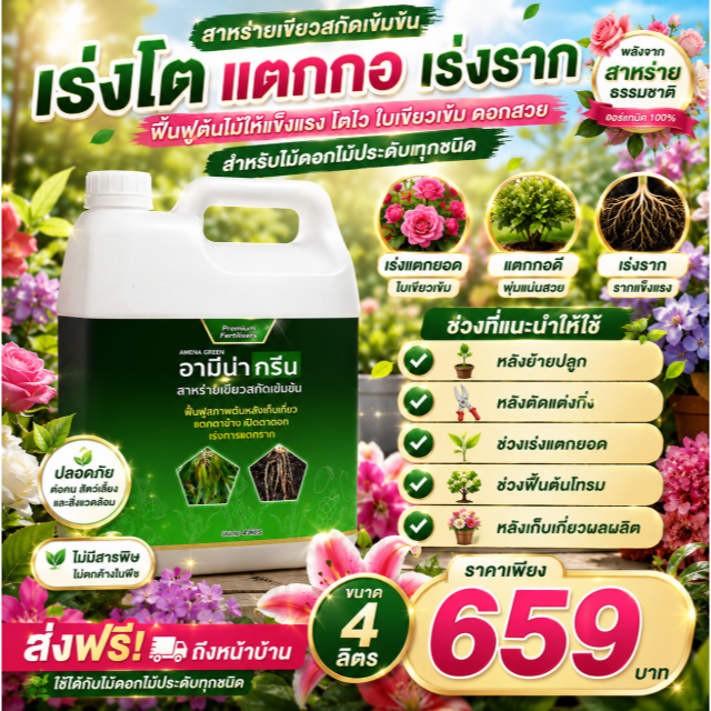 อามีน่ากรีน สาหร่ายเขียวเข้มข้น 4ลิตร ฟื้นต้นโทรม เร่งแตกยอด แตกกอ แตกราก สำหรับไม้ดอกทุกชนิด