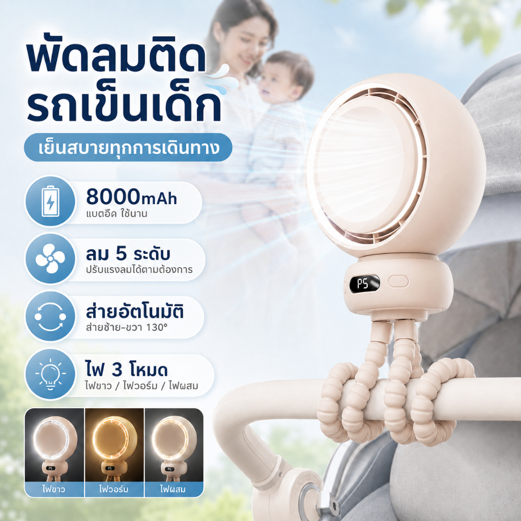 Brusqueพัดลมติดรถเข็นเด็ก พัดลมพกพา แบตเตอรี่ 8000mAh ปรับลมได้ 5 ระดับ ไฟ 3 โหมด ส่ายอัตโนมัติ ใช้ได้กับรถเข็นเด็ก