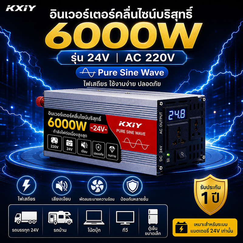 อินเวอร์เตอร์ Pure Sine Wave 8000W 12V/24V/48V แถมสาย เป็น 220V แปลงไฟ รถ บ้าน โซลาร์เซลล์