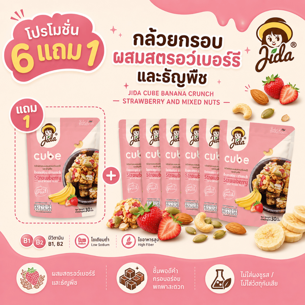 [6 แถม 1] Jida Cube กล้วยกรอบผสมสตรอว์เบอร์รีและธัญพืชขนาด 30 กรัม Banana Crunch Strawberry and Mixed Nuts