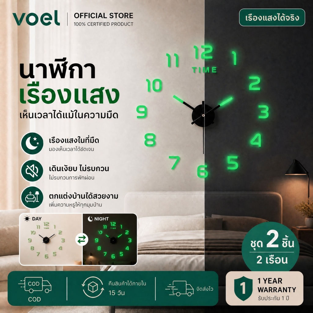 3D Luminous Wall Clock  เสียงเงียบ สติกเกอร์ DIY นาฬิกาดิจิตอลสเตอริโอสําหรับตกแต่งบ้านและวันหยุด ห้องนั่งเล่น สํานักงาน