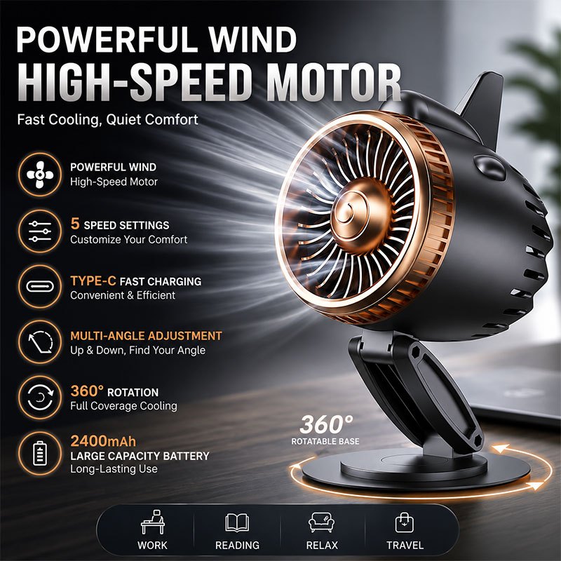 High speed desktop fan, strong wind high-speed motor, 5-speed wind adjustment, USB charging, 360 degree rotating base