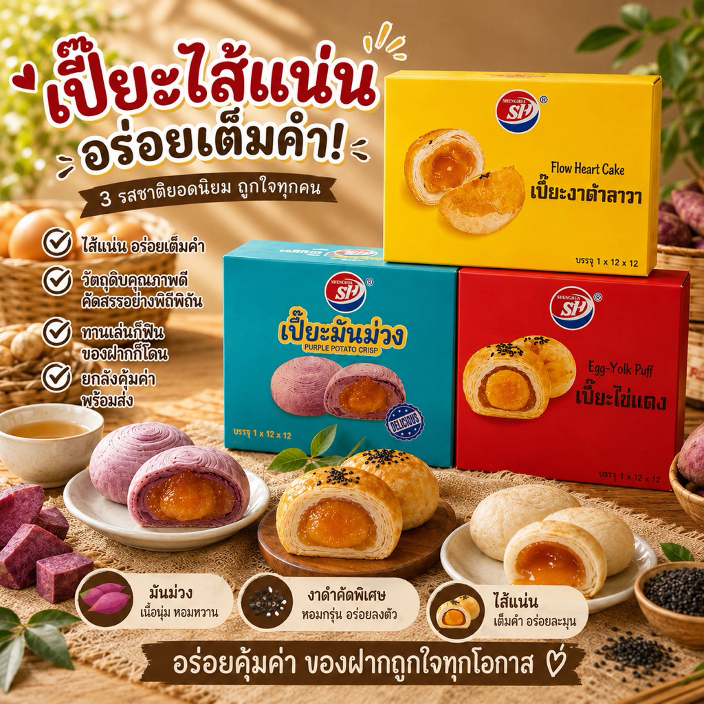 SHENGHUA ขนมเปี๊ยะ มันม่วง/ไข่แดง/งาดำลาวา 30g/ซอง (สั่งออเดอร์ละ 1 ลัง)
