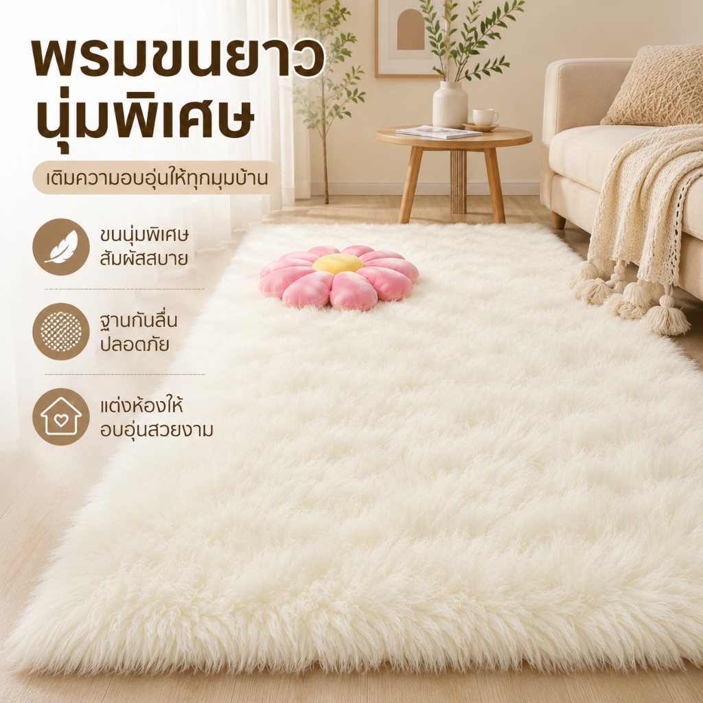 ✨พรมห้องนอนขนนุ่มฟู 160x120CM สไตล์มินิมอล พรมแต่งห้องนั่งเล่น นุ่มสบาย พรมขนยาวสีพื้น พร้อมส่งจากกรุงเทพ