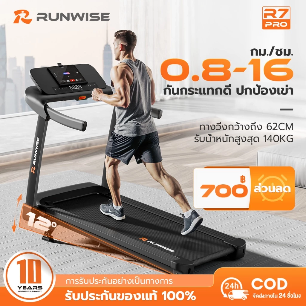 RUNWISE ลู่วิ่งไฟฟ้า R7PRO ลู่วิ่ง เครื่องวิ่งไฟฟ้า 5.0 แรงม้า ลู่วิ่งพับได้ ปรับความชันได้ ปรับระดับความเร็ว 16 ระดับ