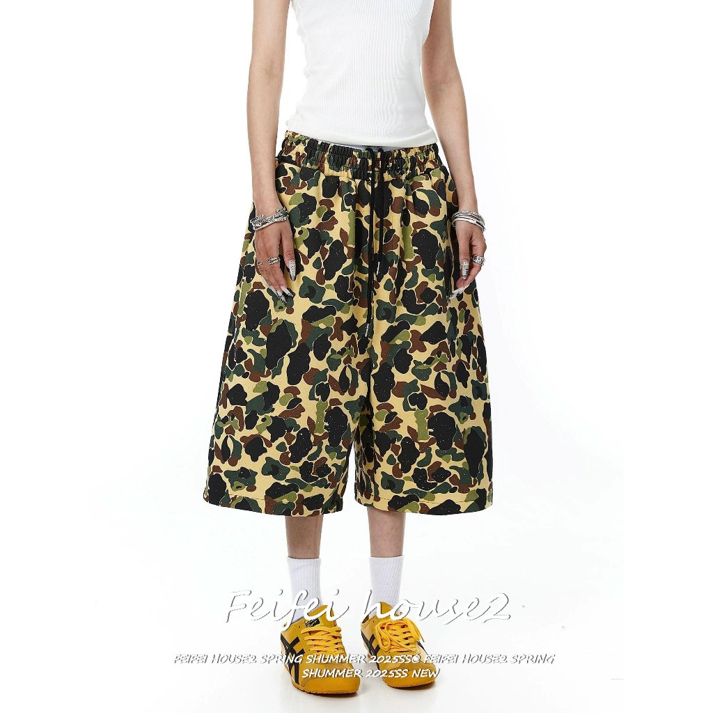 [Feifei-Camouflage cropped pants]กางเกงขากว้างขาสั้นหลวมลายพรางสไตล์อเมริกันลำลองสำหรับผู้หญิง